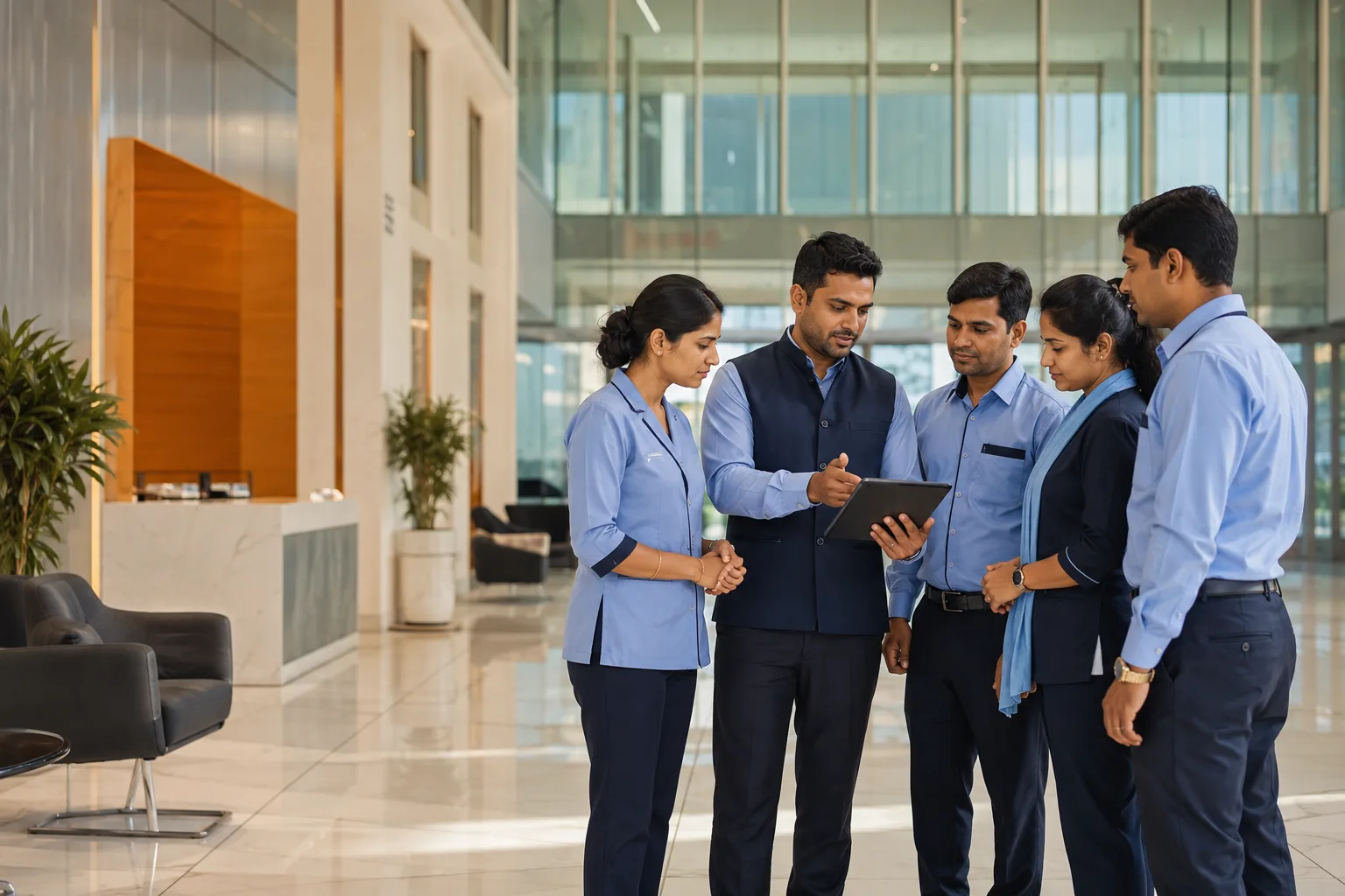 Hello Facility management team briefing in a commercial property