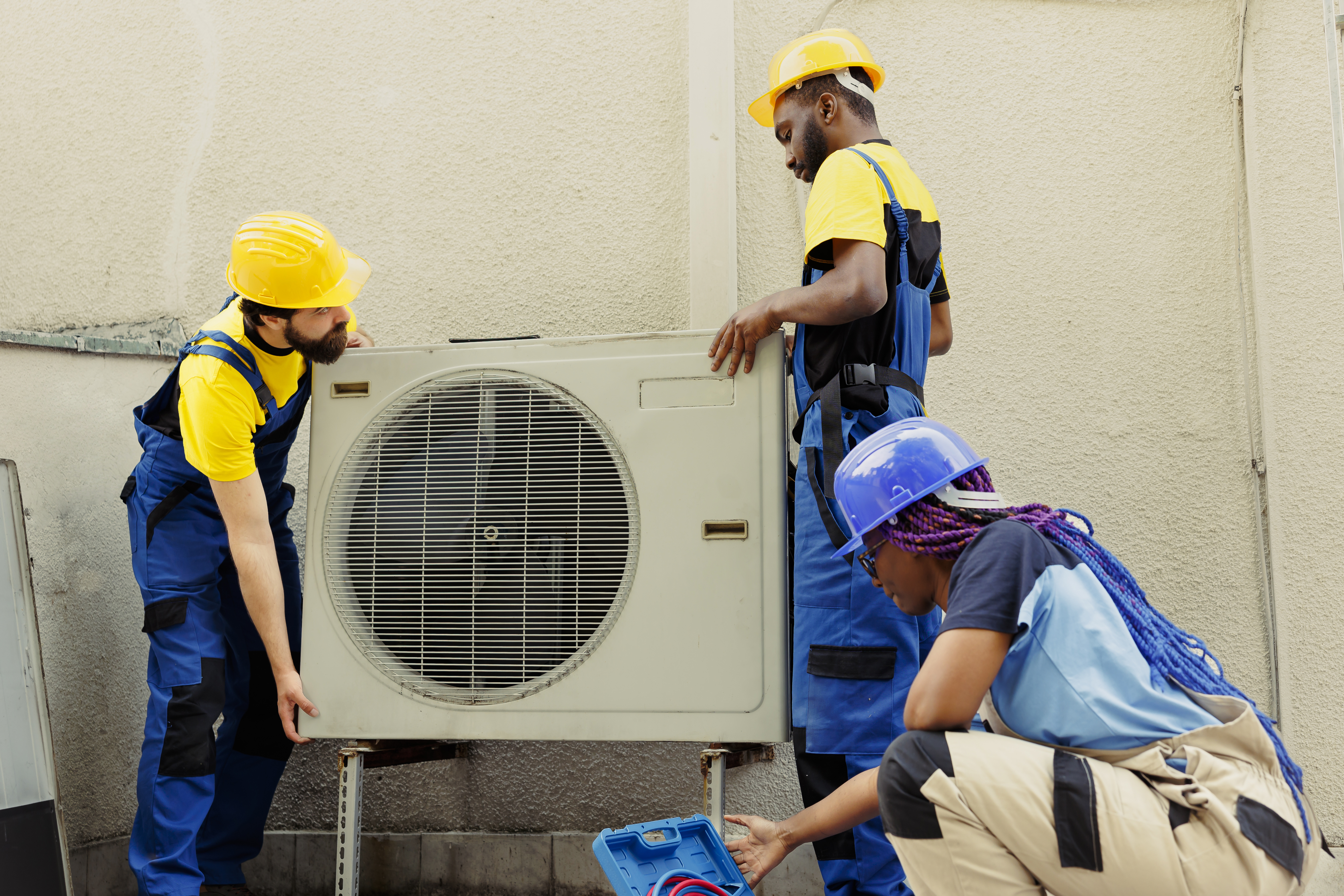 AC maintenance team servicing an outdoor unit
